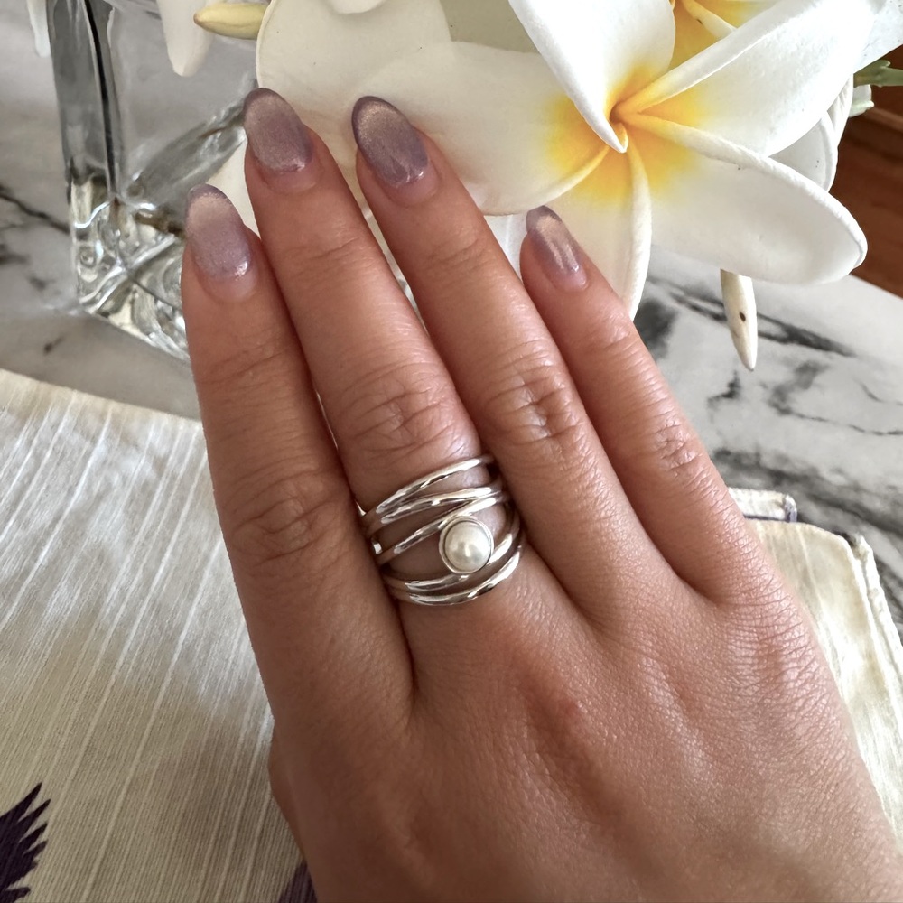 925 Elegant Silver white Pearl Ring. Size :6”;5”
